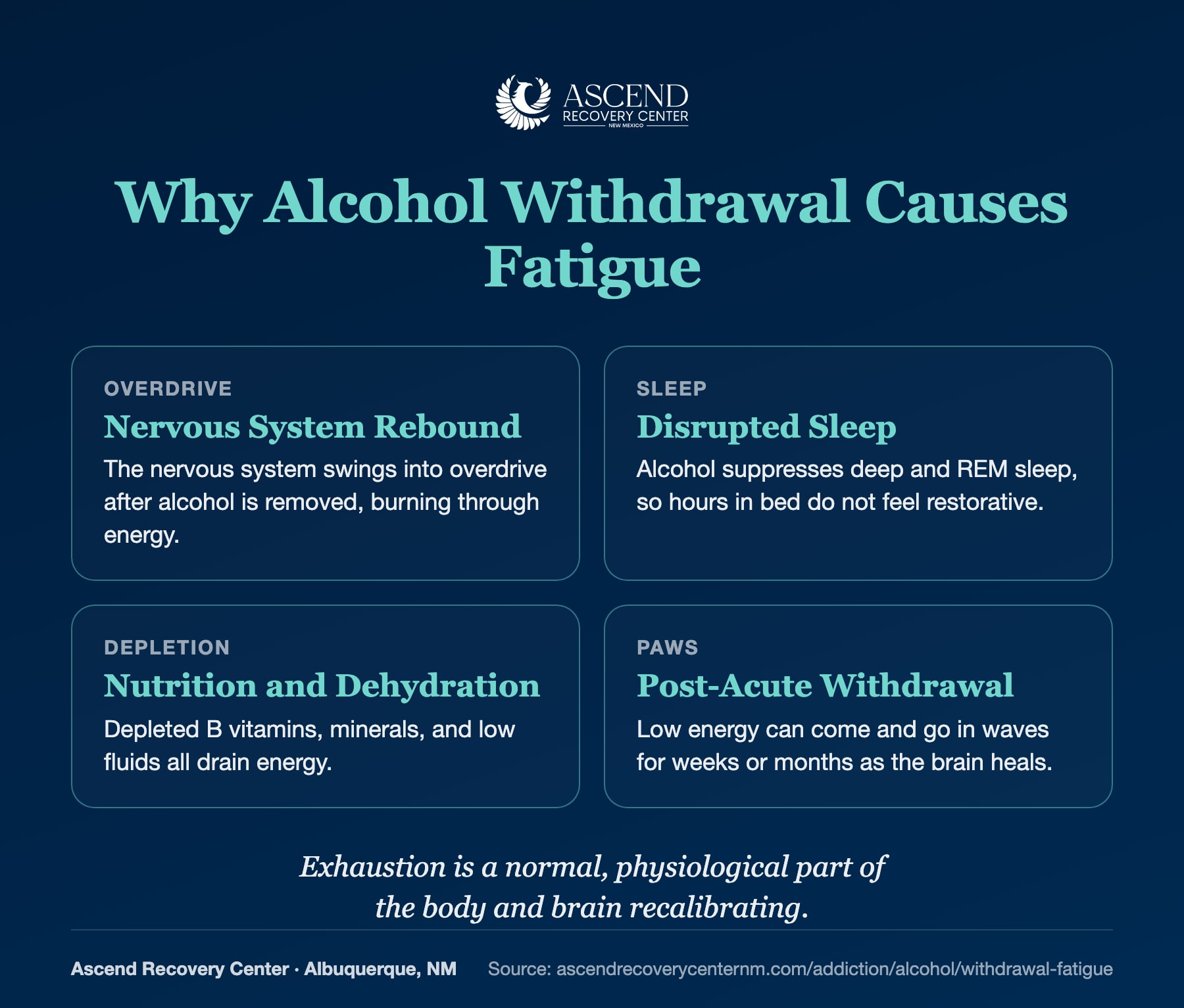 Four reasons alcohol withdrawal causes fatigue, from nervous system rebound to PAWS