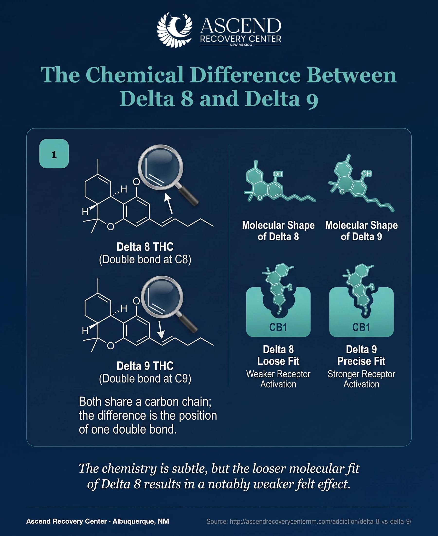 Chemical structure comparison of delta 8 THC and delta 9 THC showing the double bond position and CB1 receptor binding fit