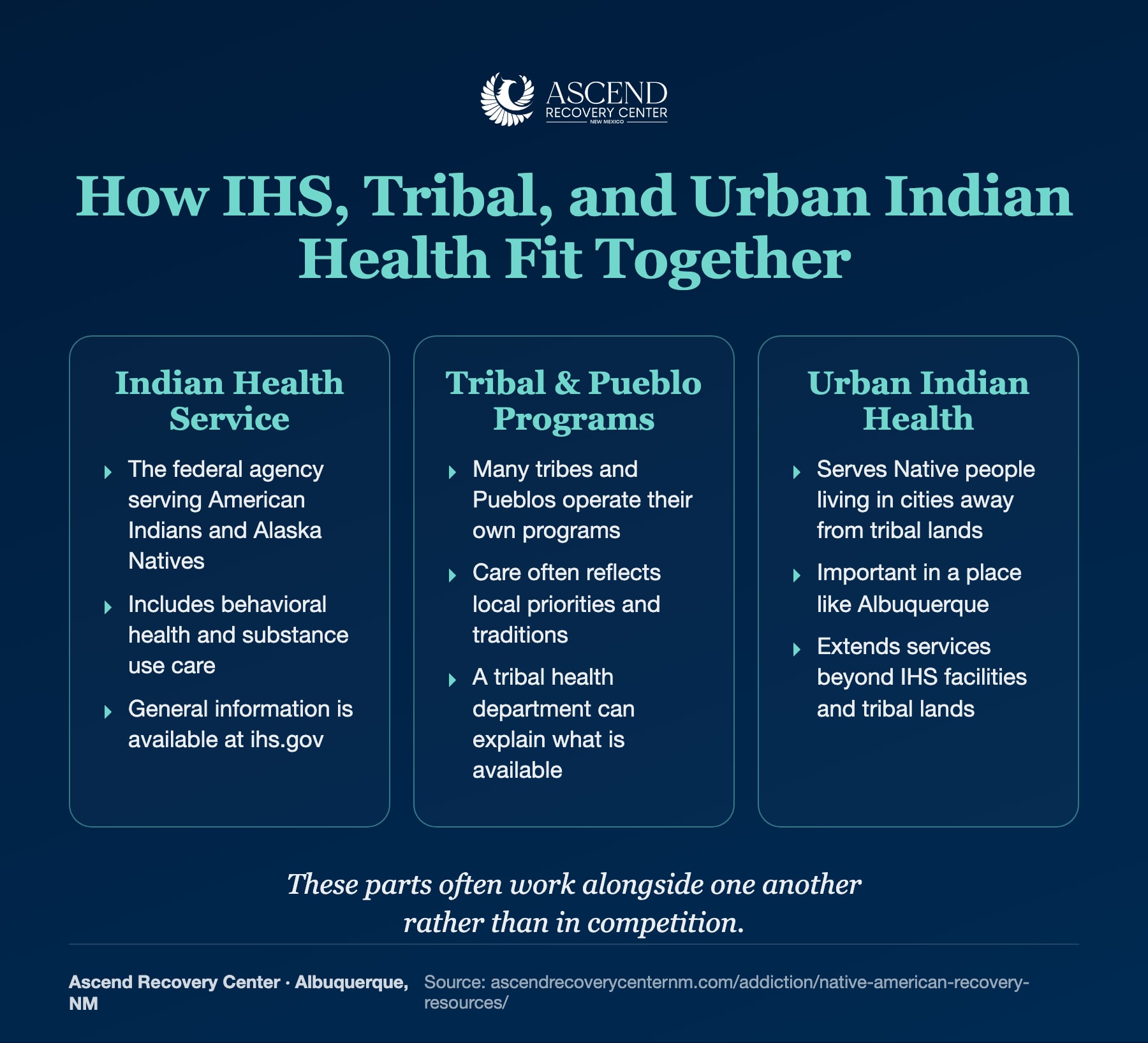 How the Indian Health Service, tribal and Pueblo programs, and urban Indian health resources fit together