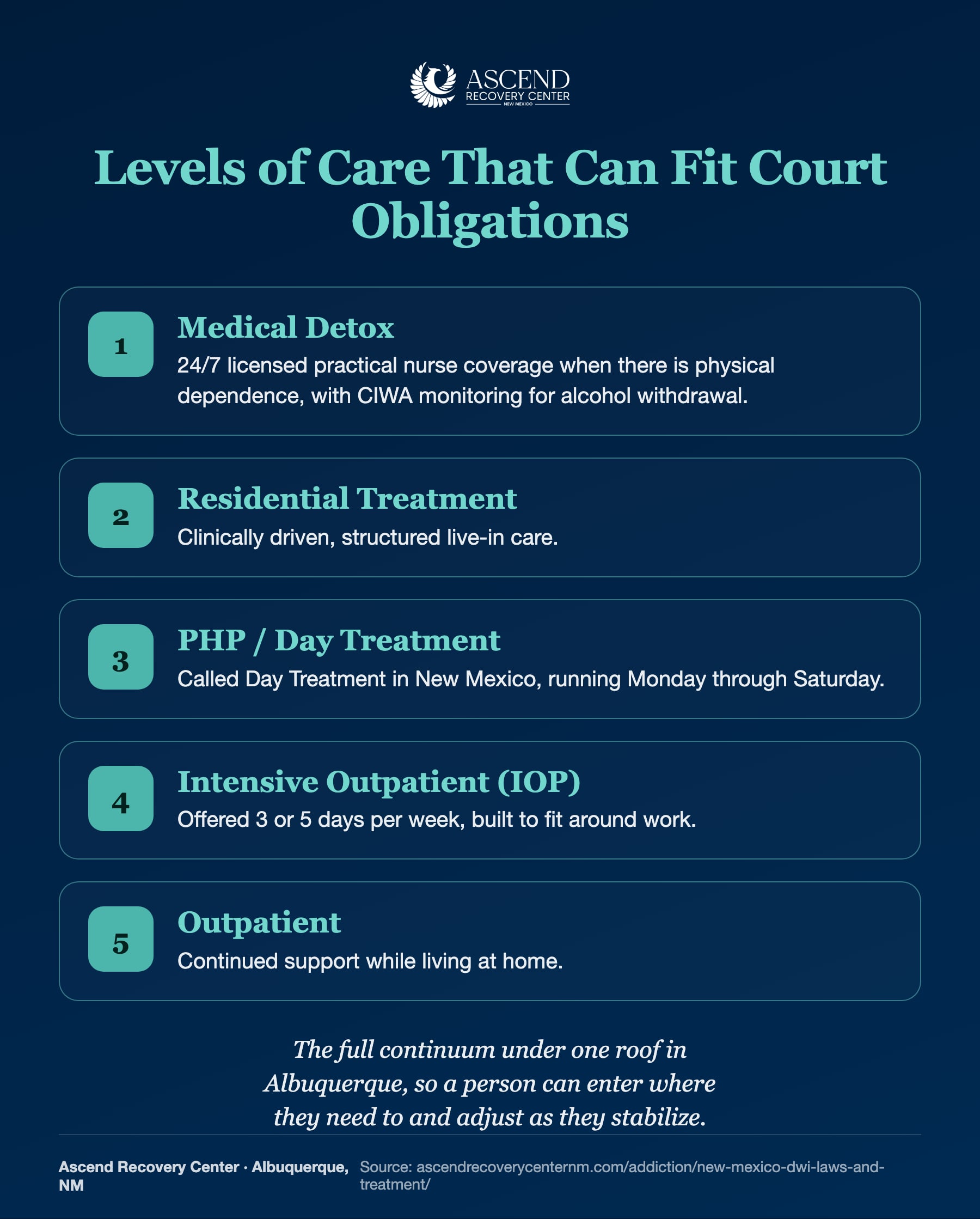 Levels of care that can fit court obligations: medical detox, residential, PHP or Day Treatment, IOP, and outpatient