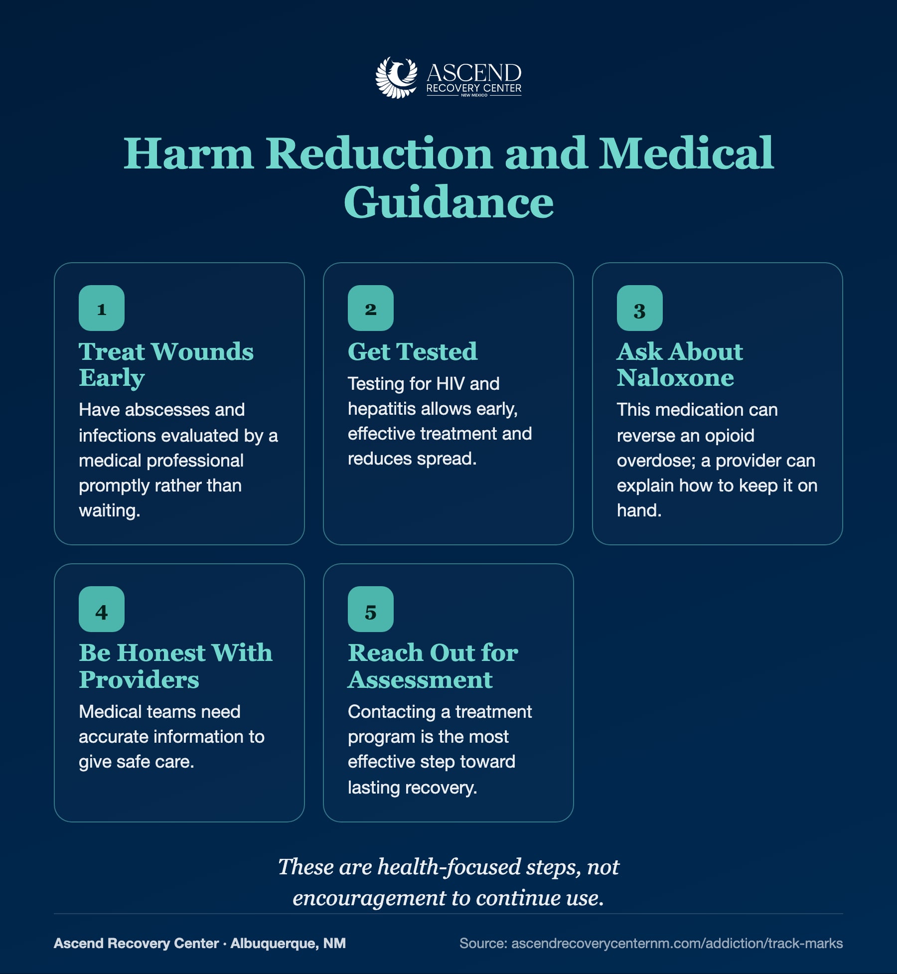 Five harm reduction and medical guidance steps: treat wounds early, get tested, ask about naloxone, be honest with providers, and reach out for assessment