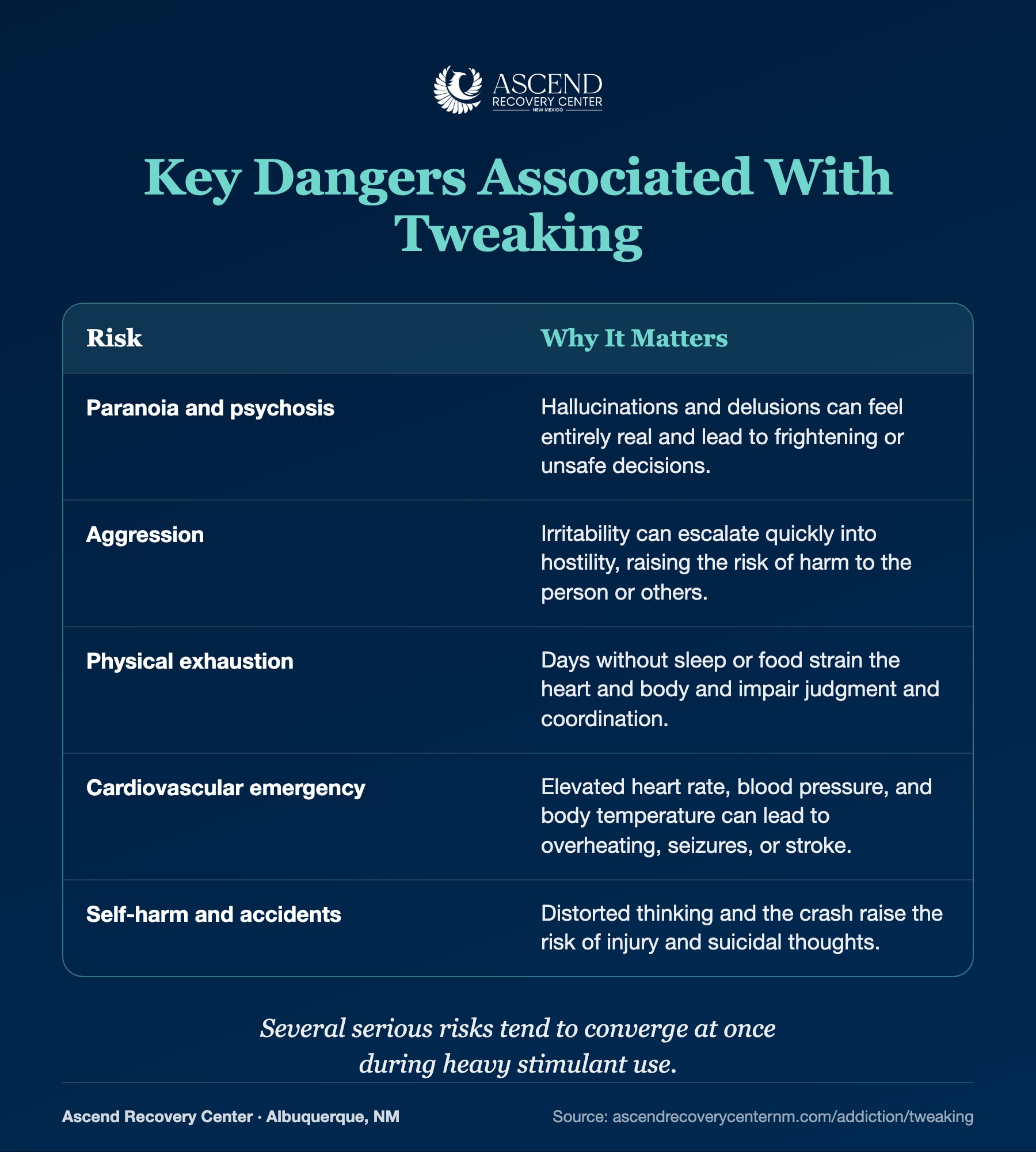 Table of key dangers associated with tweaking: paranoia and psychosis, aggression, physical exhaustion, cardiovascular emergency, and self-harm and accidents